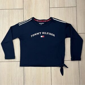 Tommy Hilfiger Sport Navy Blue Sz S Preppy Coastal Vacation Side Knot Cotton Top